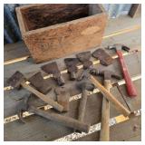 Wood Box of Hatchet Heads & Hammers