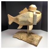 17" Carved Wood Smoking Fish Sculpture Folk Art
