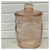 Planters Mr Peanut Pink Glass Barrel Jar