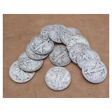 Lot of 13 Silver Walking Liberty Half Dollars