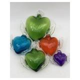 5 HAND-BLOWN ART GLASS HEARTS W/ WINGS