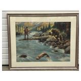 Vintage Art Print Fisherman & Black Bears ,