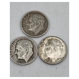 3 SILVER ROOSEVELT DIMES 1958, 1962 & 1963 ALL D