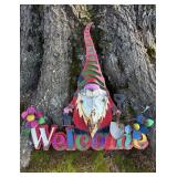 Painted Metal Garden Gnome Welcome Sign w Back