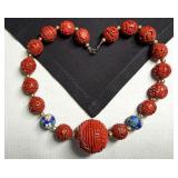 Carved Cinnabar & Cloisonné Beads w Sterling