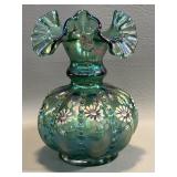 Fenton Teal Iridescent Beaded Melon Vase,