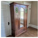 Antique Mirrored Armoire w/ Green Textured Glass