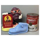 3 Advertising Coin Banks, Campbells Soup, Sun