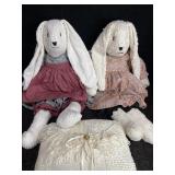 2 CHENILLE BUNNY RABBITS W/ PILLOW