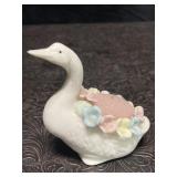 VINTAGE PORCELAIN SWAN PIN CUSHION W/ FLOWERS