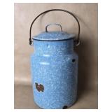 Antique Blue Splatterware Enamelware Milk Can  W/