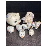 CERAMIC PIG SALT & PEPPER SHAKERS, BANKS & COW