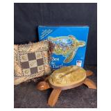 TURTLES W/ RABBIT THROW PILLOW, WOOD & CLOTH