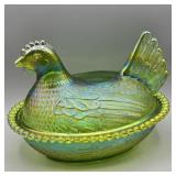 INDIANA GLASS GREEN CARNIVAL HEN ON NEST
