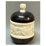 Vtg Carved Ivory Elephant & Wood Cylinder Box