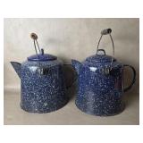 Pair Vtg Blue Speckled Enamel Graniteware Coffee