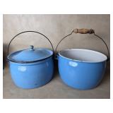 Pair of Large Blue Enamelware Pots