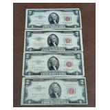 4 - 2 Dollar Red Seal Notes 1953