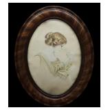 Antique Convex Glass Frame & Colorized Drawing