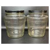 2 Vintage Ball Barrell Lidded Jar Clear Textured