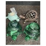 4 TURTLE TEA CANDLE HOLDERS 2 GREEN GLASS & 2