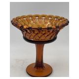VINTAGE AMBER ART GLASS PEDESTAL COMPOTE W/