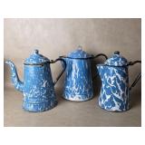Trio of Old Blue and White Marbled Splatterware