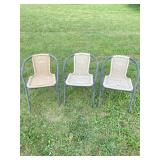 3 METAL & WICKER PATIO STACKING CHAIRS USED