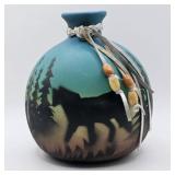 NATIVE AMERICAN STYLE WOLF CERAMIC VASE 5" TALL