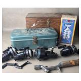 Lot Of Fishing Reels , Wood Box Corkscrew +