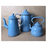 Trio of Vtg Blue Enamelware Coffee Pots