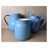 Trio Of Old Blue Enamelware Pitchers
