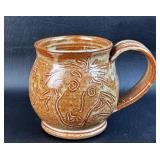 Wood Fired Lion Signed Pottery Cup Handcrafted