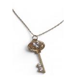 10k Gold Heart Key Necklace W Clear Stones 1.5g