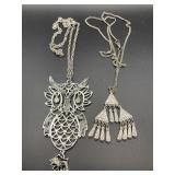 2 SILVER TONED NECKLACES OWL& TRIANGLE