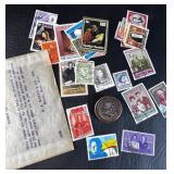 Bronze ? Cleopatra Button w/ Lot of VTG Stamps
