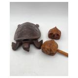 WOOD CARVED SEA-TURTLE W/ 2 WOOD TURTLE GUIROS