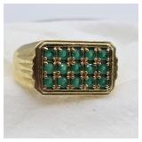 MENS 925 SILVER GREEN STONE GOLD OVERLAY RING SZ
