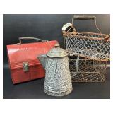Vtg Gray Graniteware Coffee Pot + Wire Baskets &