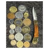 FOREIGN COINS, TOKENS, GUCCI PENDANT & LOCK BLADE