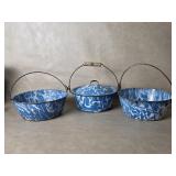 Trio of Blue and White Marble Swirl Enameled