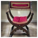 Antique Carved Savonarola Chair w/ Velvet &