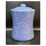 Blue Stoneware Cookie Jar Embossed Flowers &