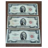 3- 2 Dollar Red Seal Notes 1953