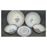 Asian Blue & White Porcelain Rice Pattern Bowls