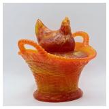 "GERALDINE RED" SLAG GLASS HEN ON NEST BY