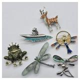 6 MODERN BROOCHS ABALONE, ENAMELED DRAGONFLIES
