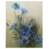 Antique Original Painting , Blue Cornflowers