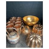 COPPER POT, BOWL, MOLDS & 7 COLOR CRAFT MUGS W/