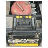 TOOL BOX & MILK CRATE OF TOOLS, HARDWARE & GAS CAN